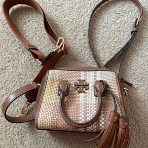 Tory Burch Thea mini woven satchel brown tan